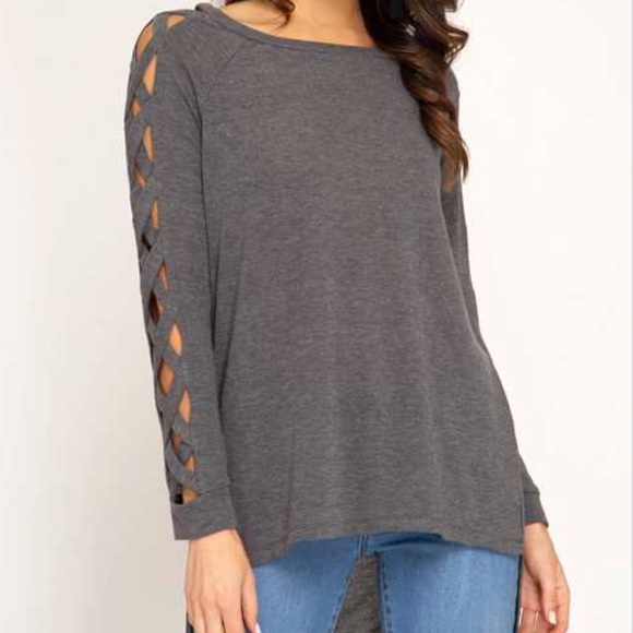 SwankStyles Tops - Charcoal gray Crisscross long sleeves hi Low Top